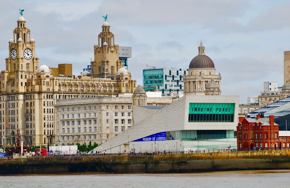The Liverpool skyline, with the Liver building prominent behind more modern waterfront buildings