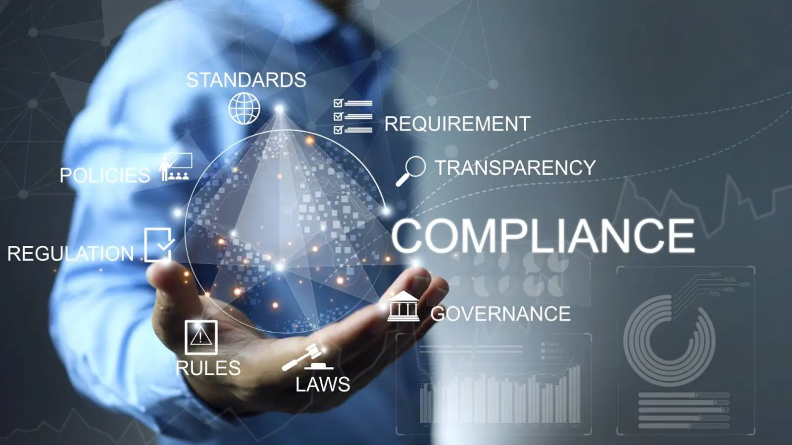 Hand reaching out with compliance concepts, including standards, regulations, and governance, illustrating the complexities of legal compliance in DUI cases.